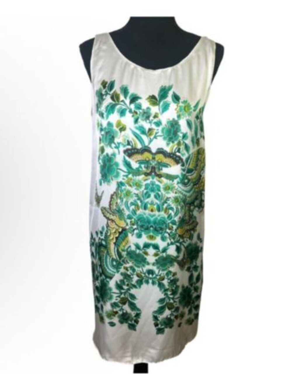 MSSP Max Studio Sateen Butterfly Floral Shift Dress Sz L Lined Sleeveless Green